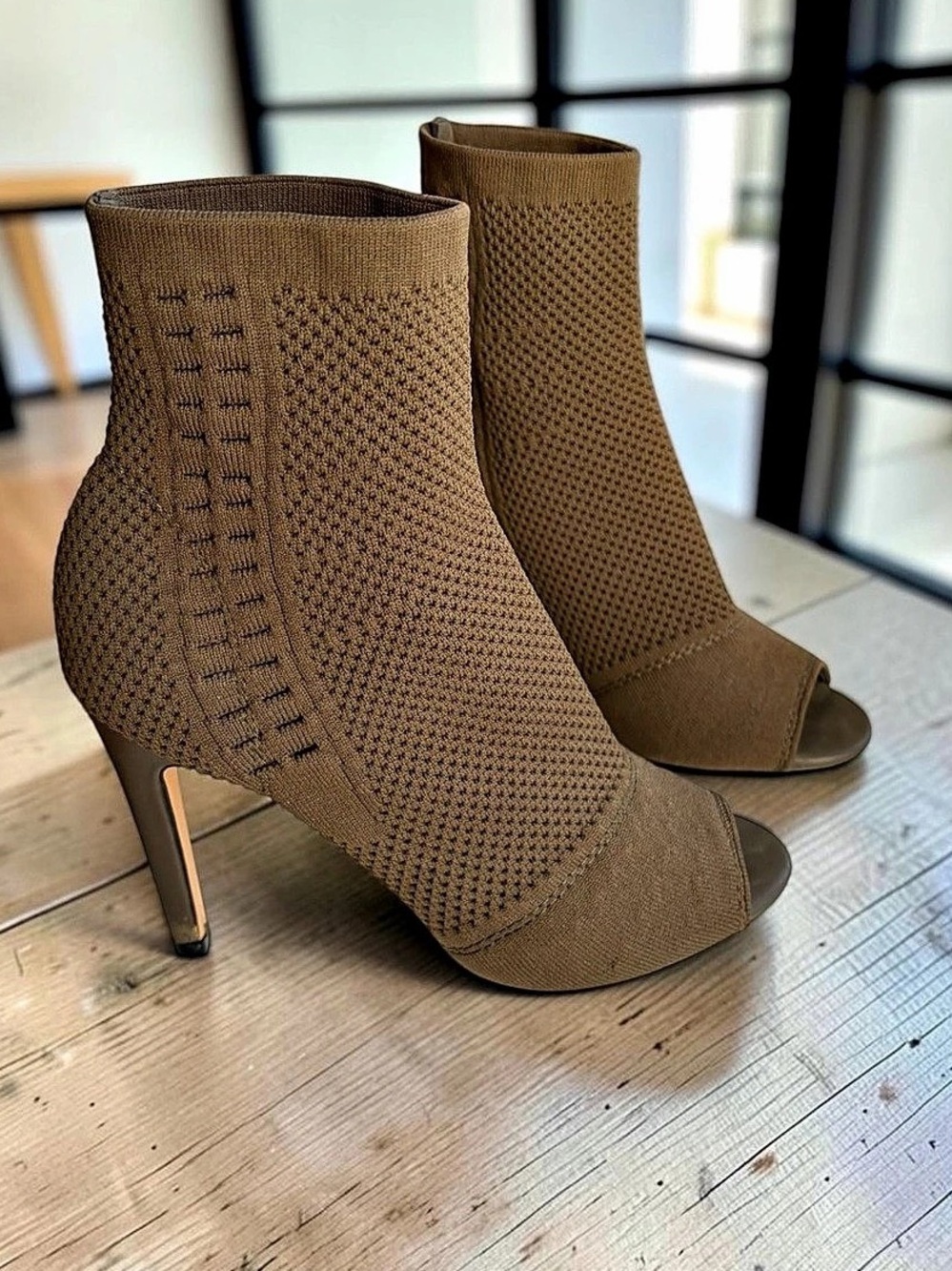 Express Ark Stretch Knit Peep-Toe Bootie Olive | Army Green